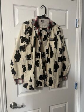 Lazy One Cream Pajama Top with Black Bear Print and Red Plaid Trim